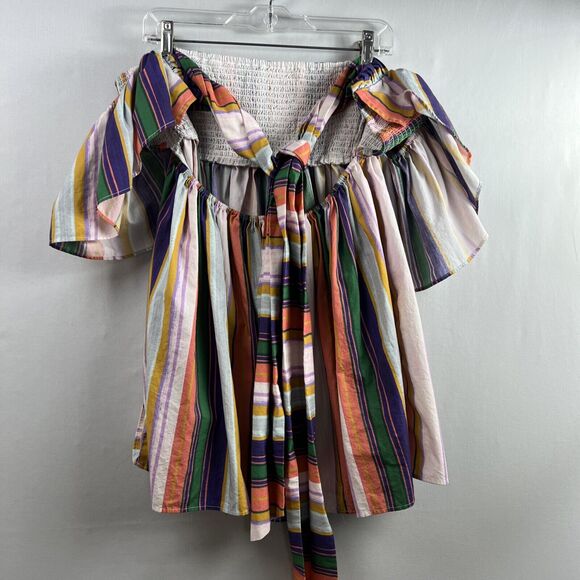 Anthropologie Tunic Top Womens Babydoll Striped Smocked Ruffled Sleeve size M - Picture 8 of 13